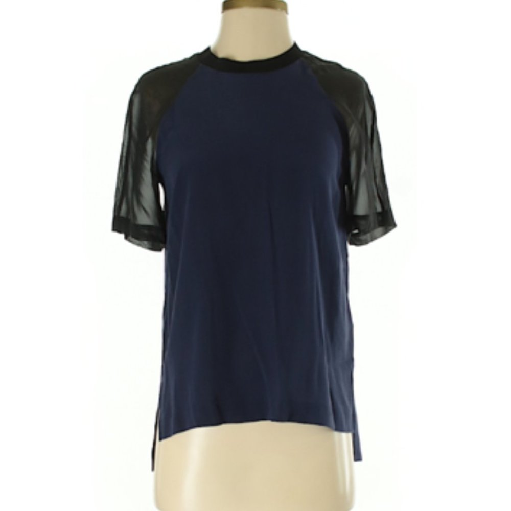 Madwell Silk Blue & Black Top w/ Sheer Sleeves, XS